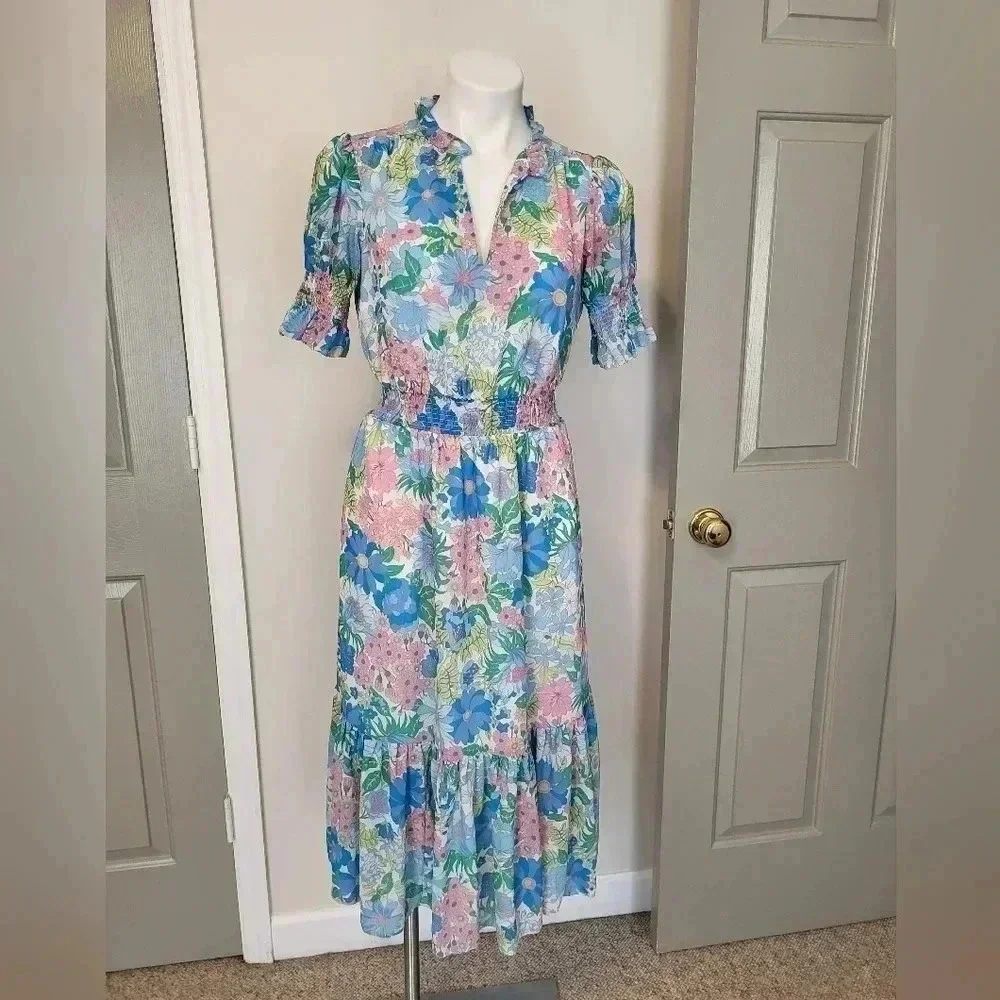J.CREW Smocked Ruffle Fairy Floral Tiered Fully Lined Midi Dress(XS)